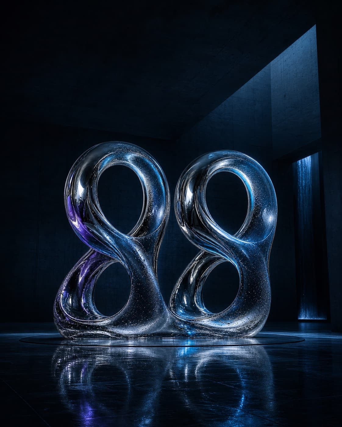 Twin looping sculptures made from liquid chrome and smoked glass