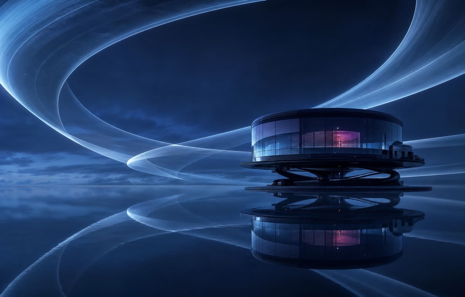 Floating black-glass observatory above a mirror-like midnight ocean
