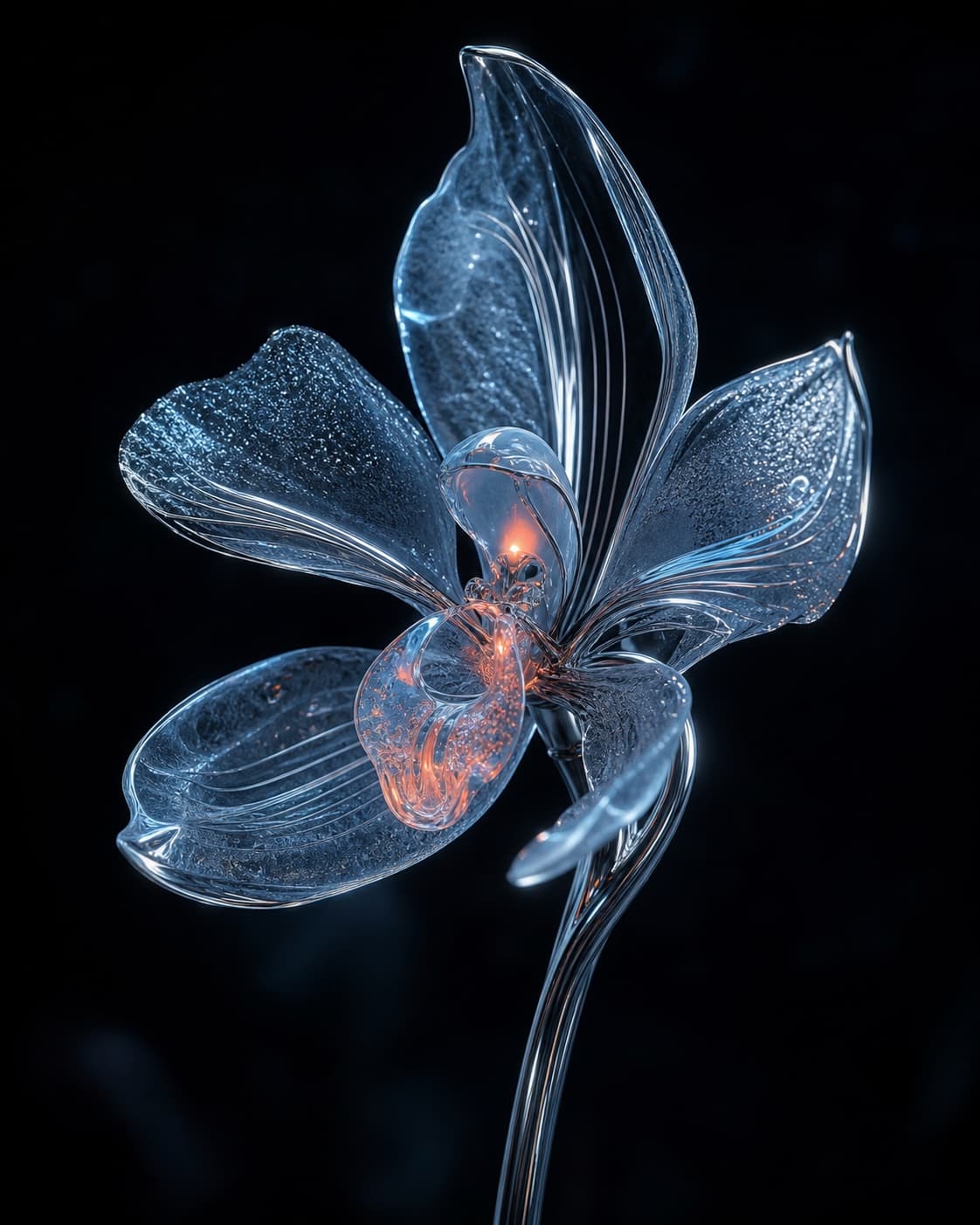 Translucent futuristic orchid made from glass and chrome