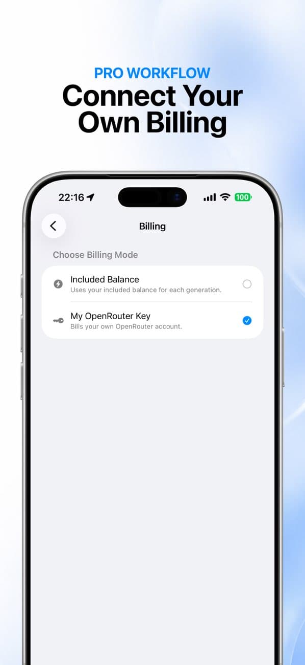 99AI bring-your-own-key App Store screen