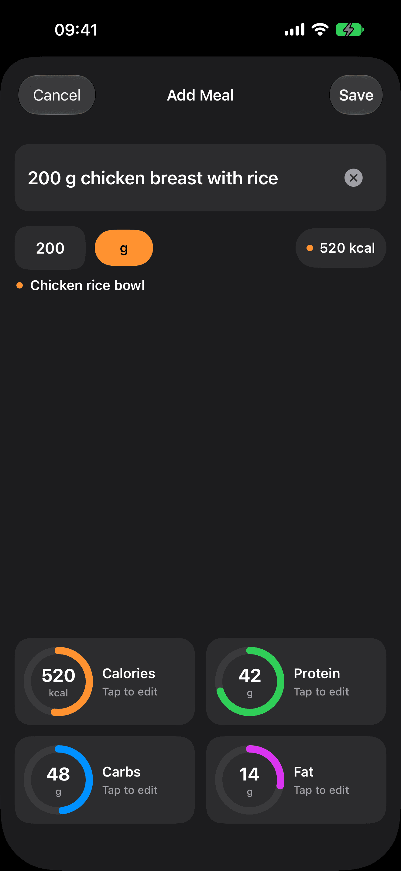 99Fit meal estimation screen with editable calories and macros
