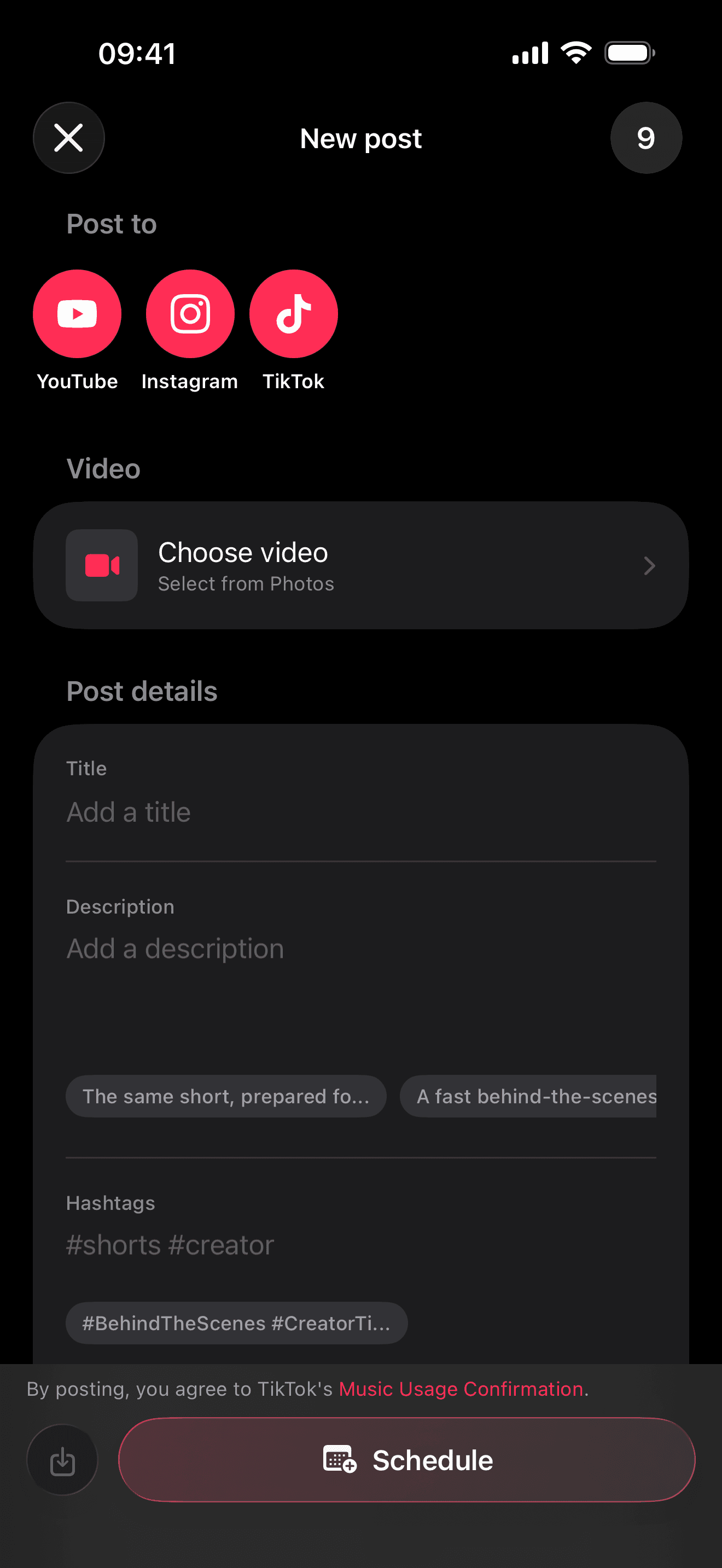 99Posts new-post composer with YouTube, Instagram, and TikTok destinations