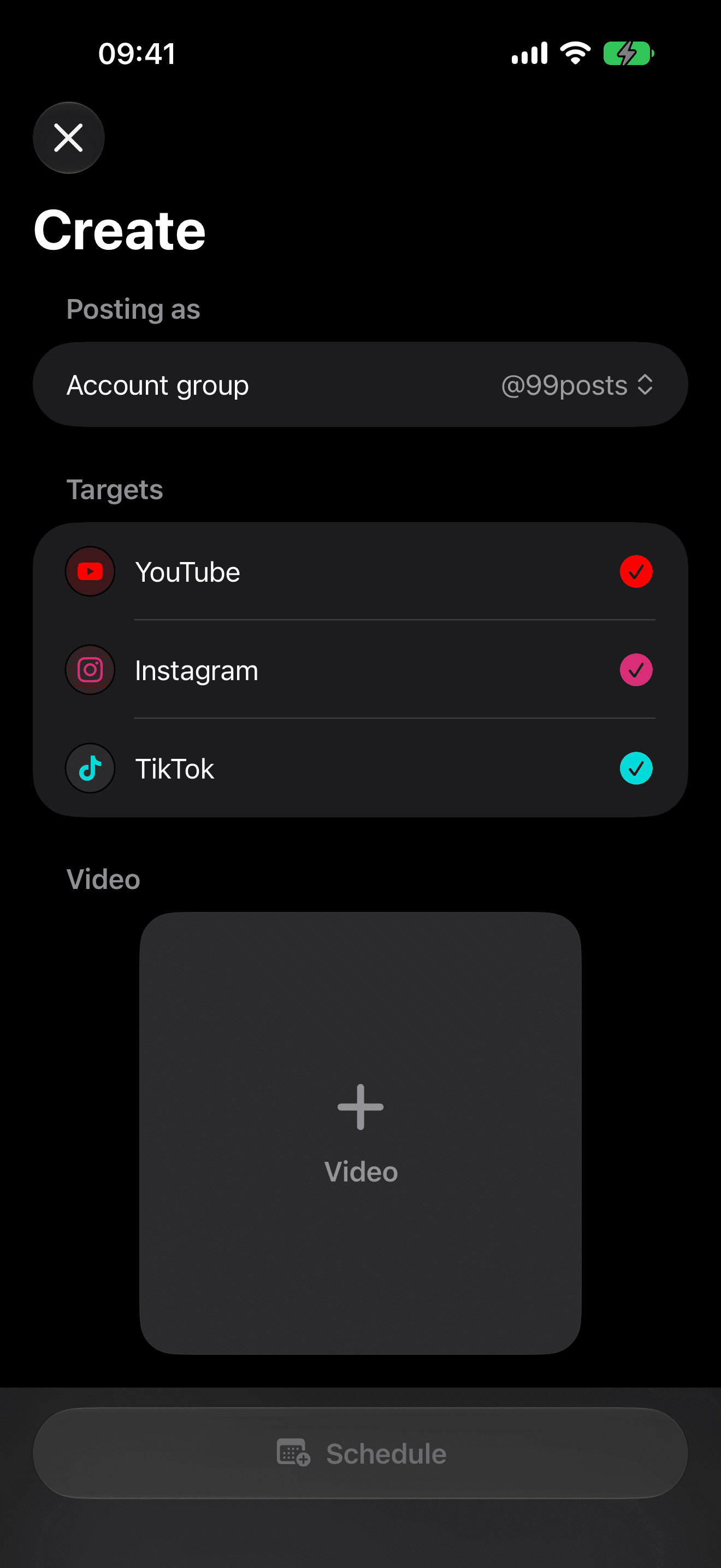 99Posts create screen selecting target platforms
