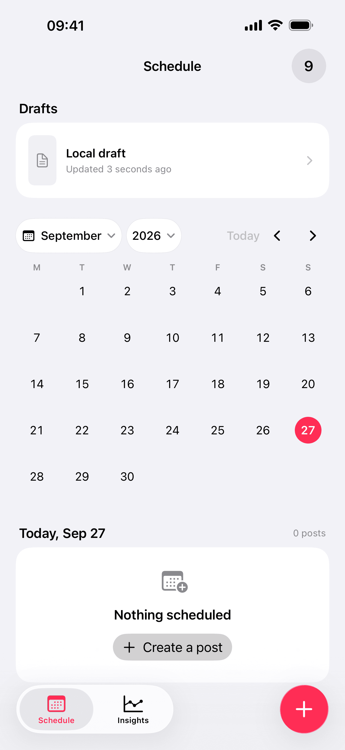 99Posts schedule showing a local draft and an empty calendar