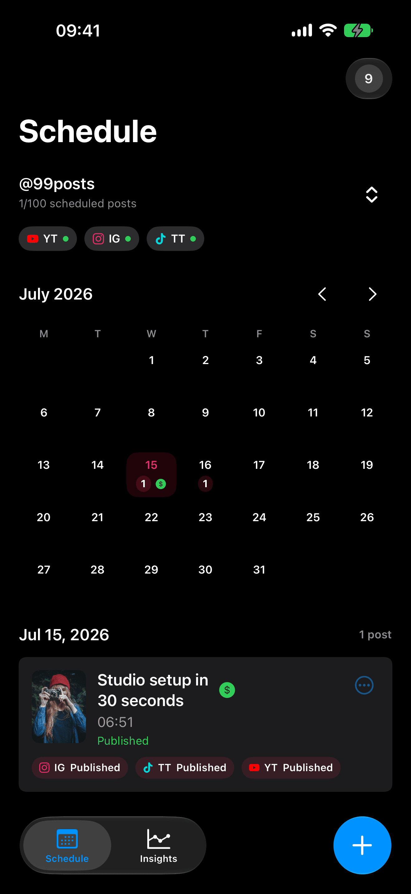 99Posts publishing calendar and platform status screen