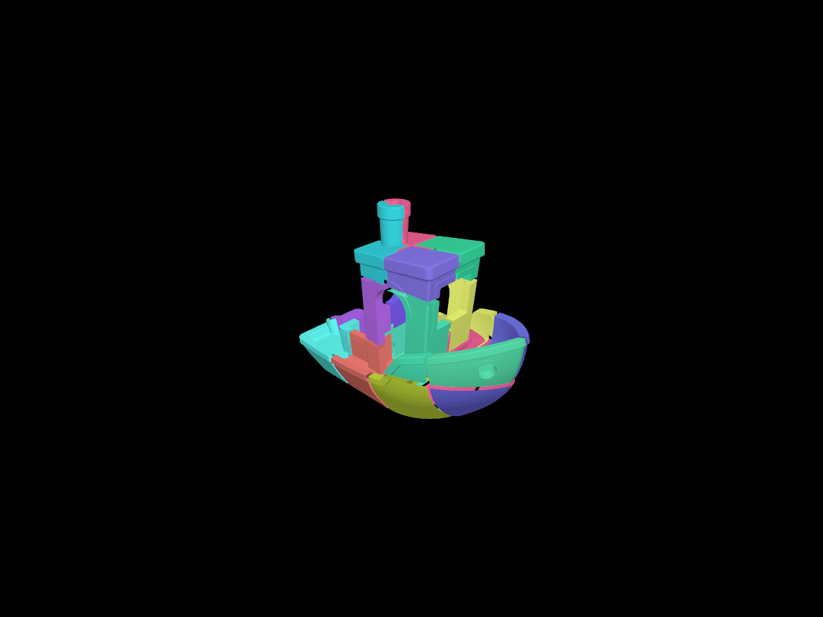 A 3D Benchy preview painted into multiple color regions